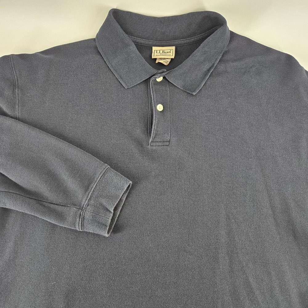 LL Bean Mens Long Sleeve Polo Shirt Navy Blue Pique Cotton KA81 Large Regular